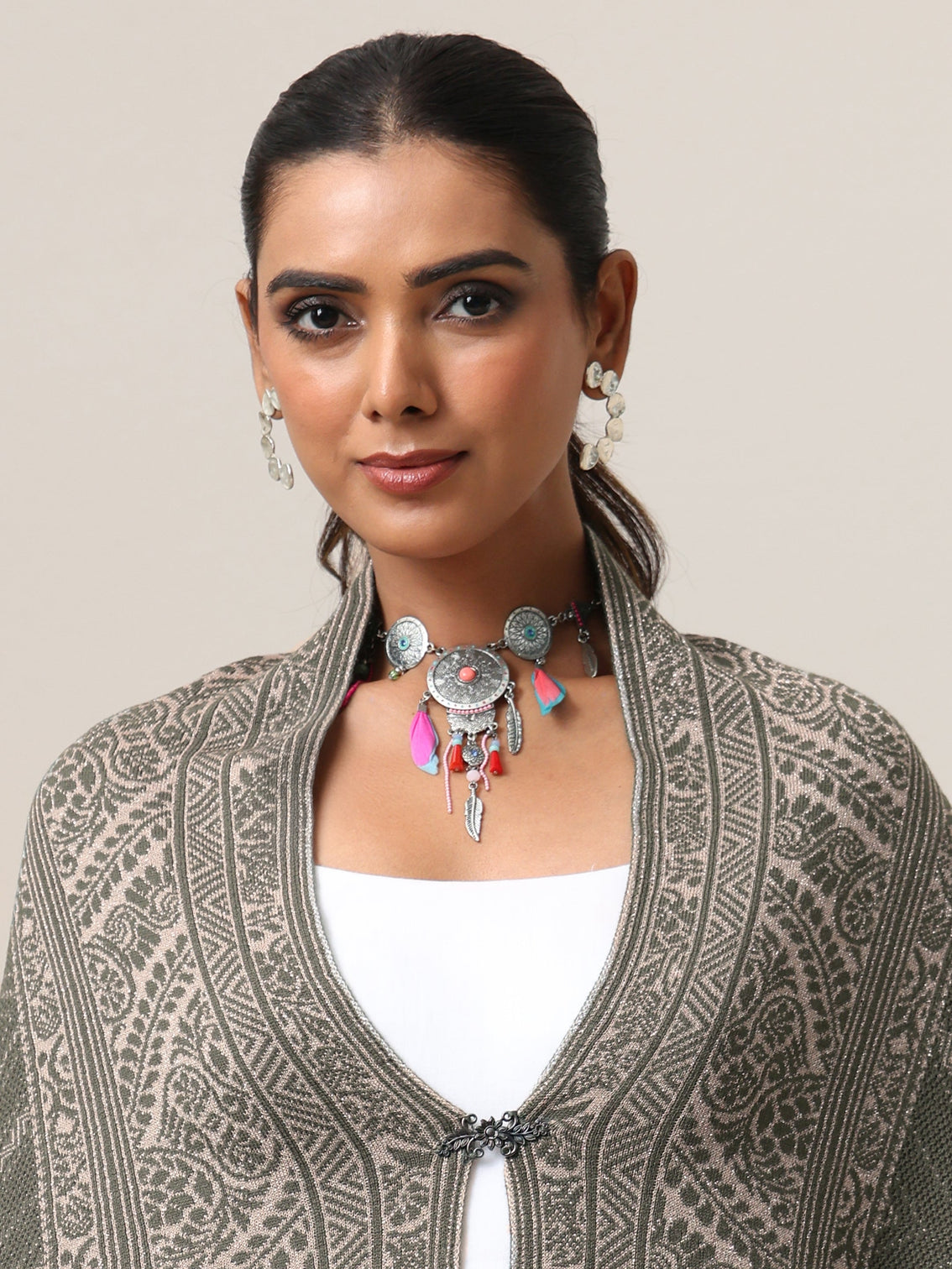 Mameraa Muted Moss Green Knitted Acrylic Wrap Shawl