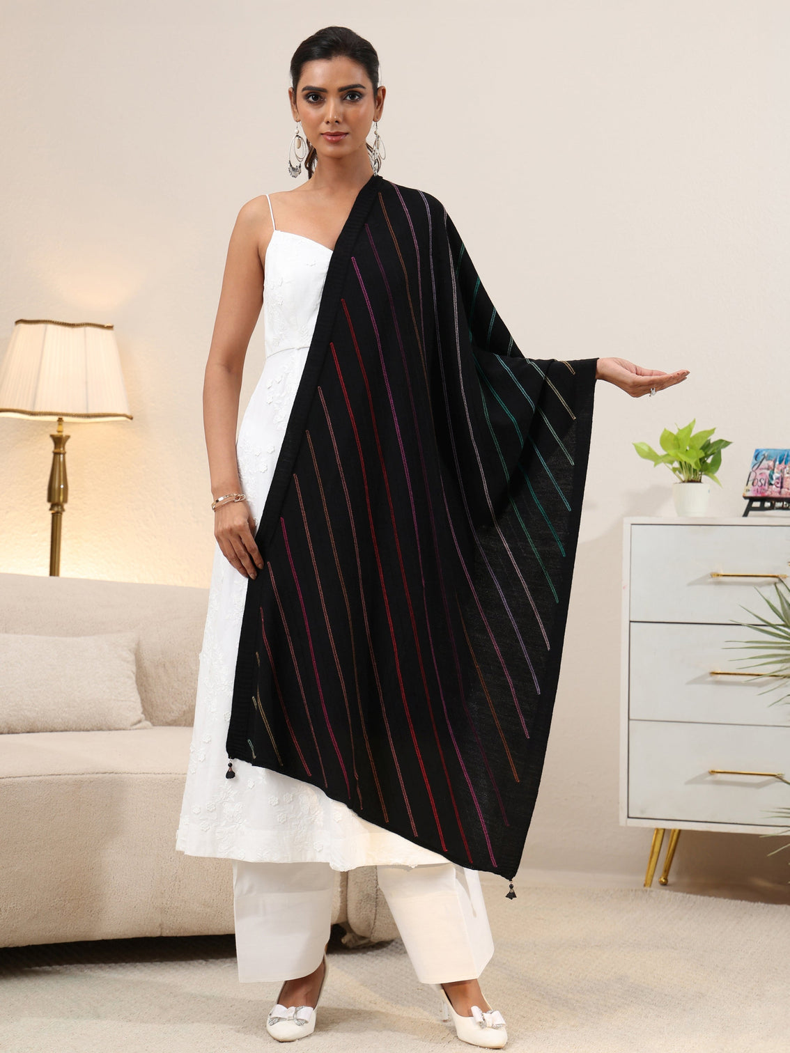 Mameraa Black Striped Knitted Acrylic Shawl