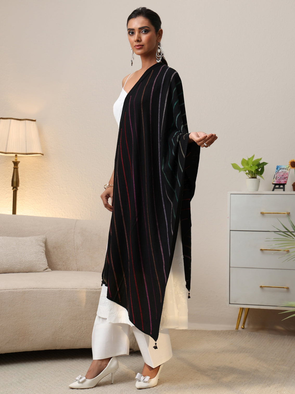Mameraa Black Striped Knitted Acrylic Shawl