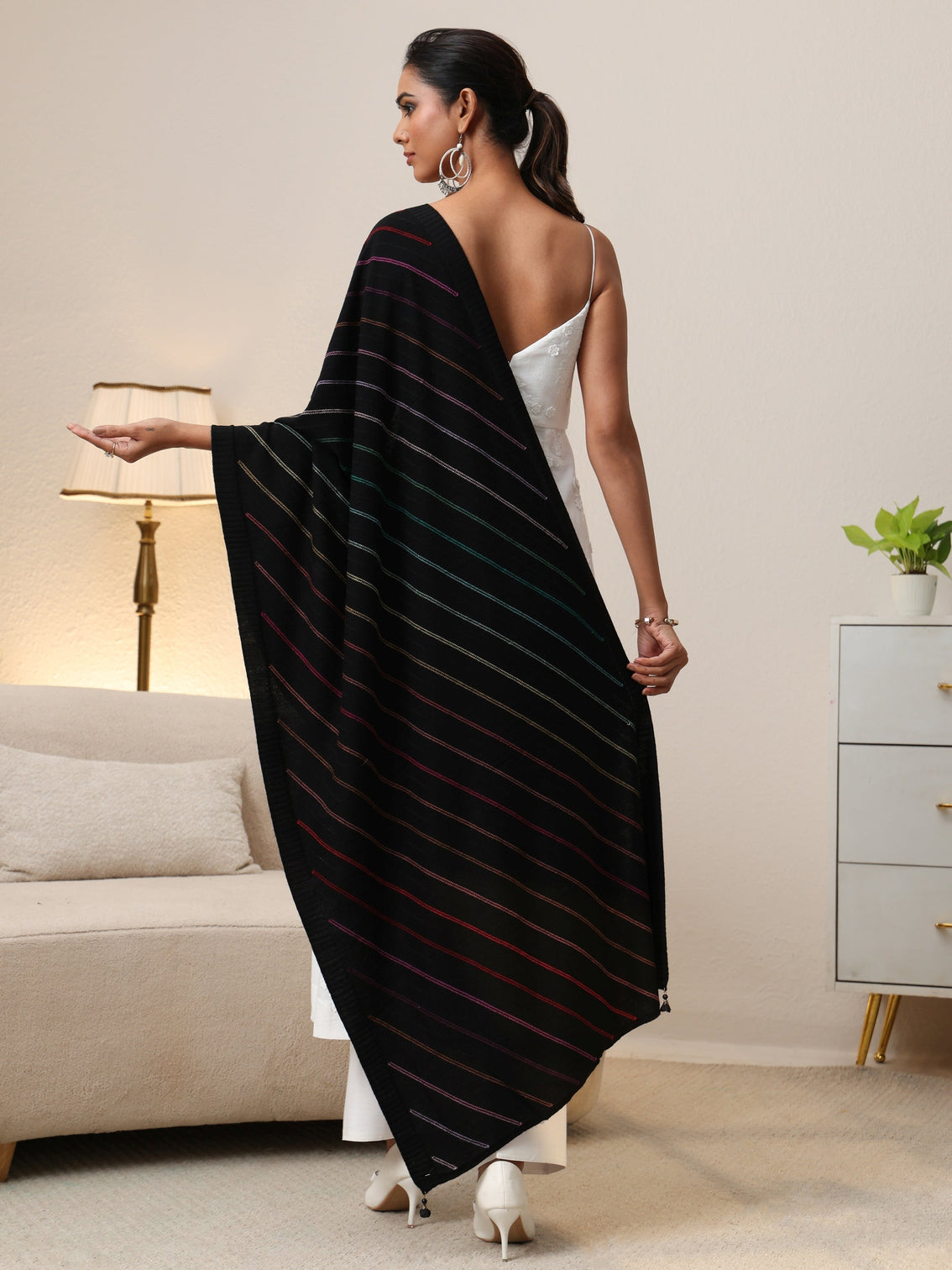 Mameraa Black Striped Knitted Acrylic Shawl