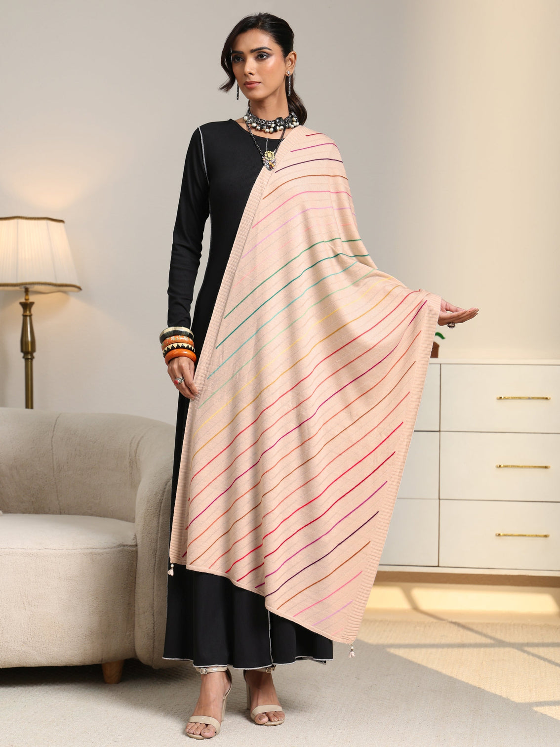 Mameraa Beige Striped Knitted Acrylic Shawl
