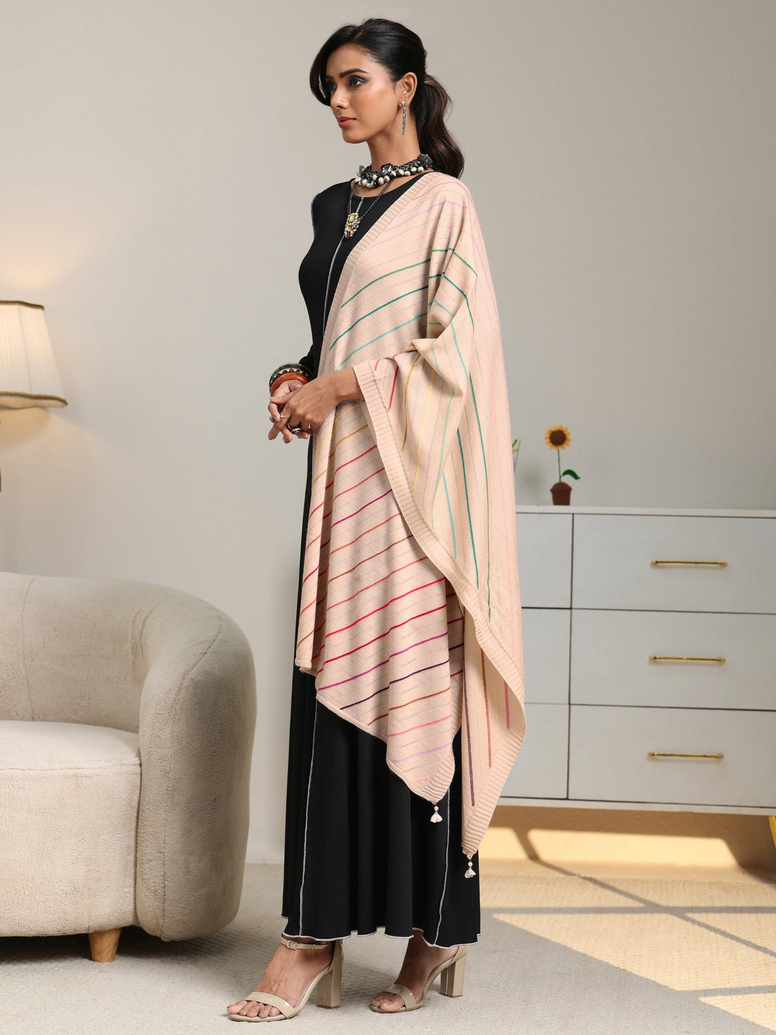 Mameraa Beige Striped Knitted Acrylic Shawl
