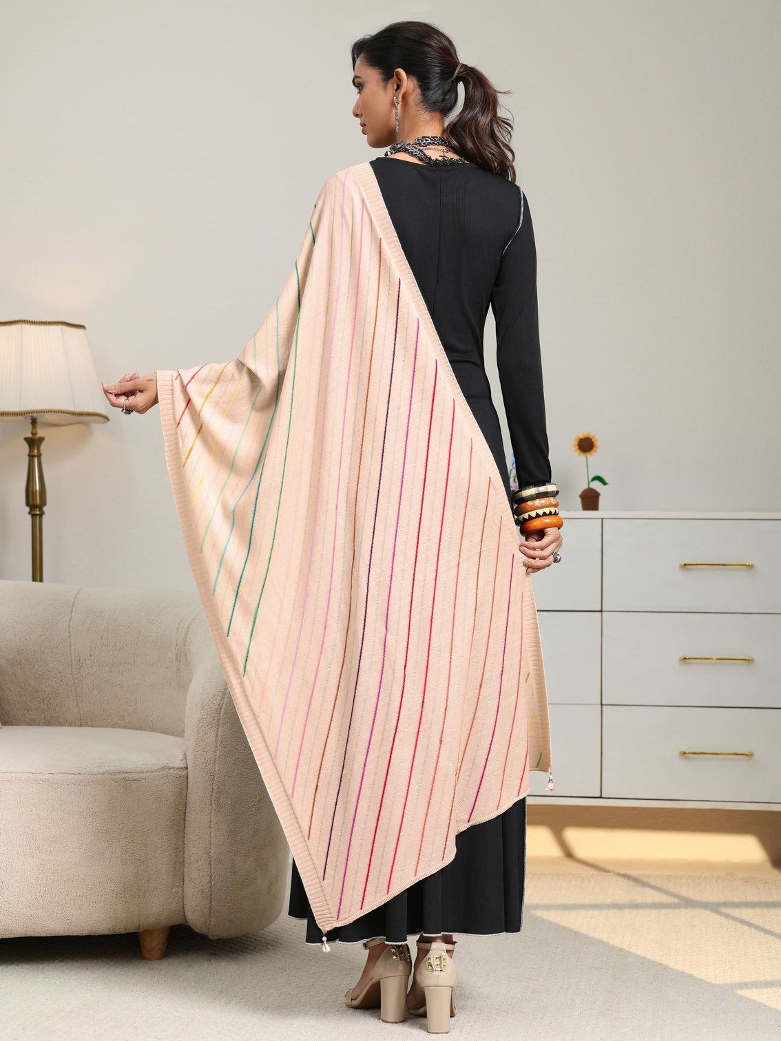 Mameraa Beige Striped Knitted Acrylic Shawl
