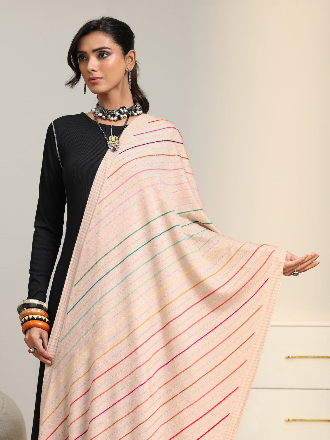 Mameraa Beige Striped Knitted Acrylic Shawl