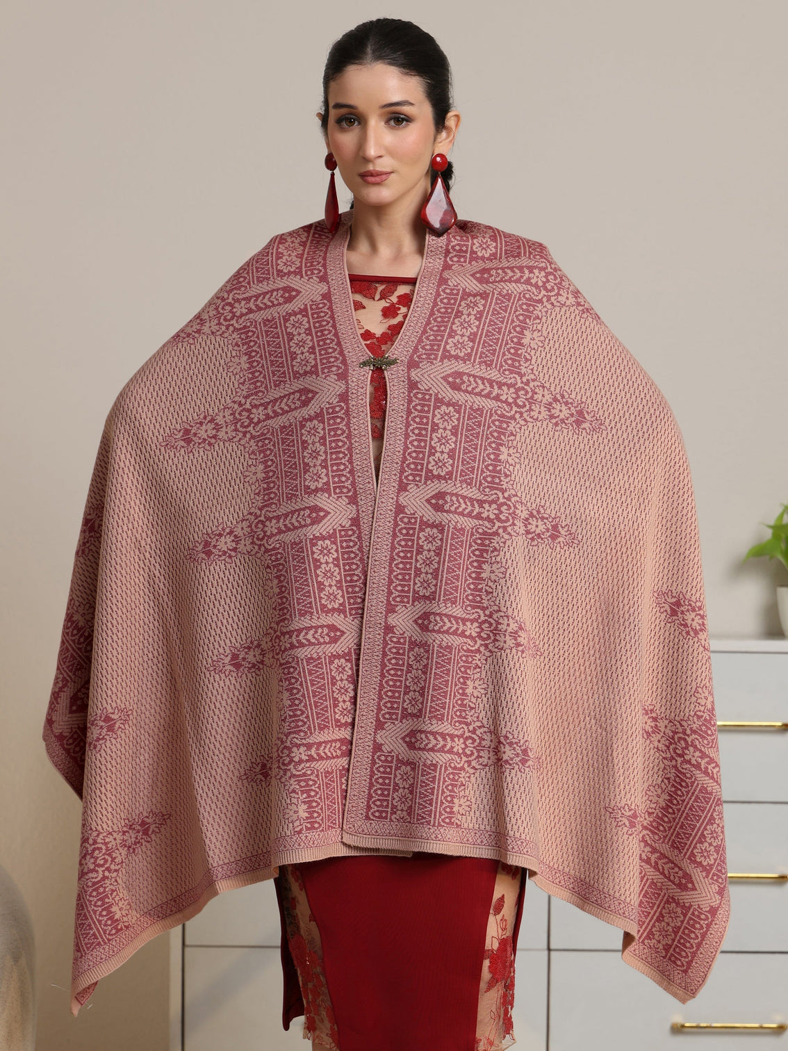 Mameraa Beige Knitted Acrylic Wrap Shawl