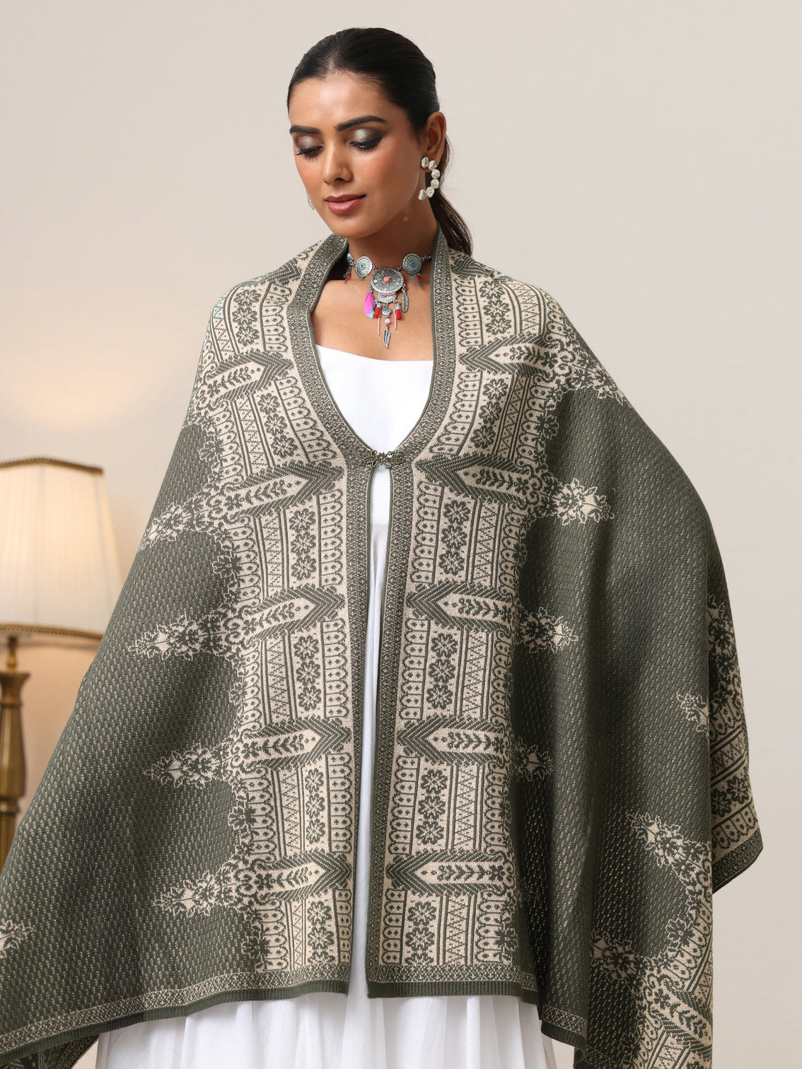 Mameraa Muted Moss Green Knitted Acrylic Wrap Shawl