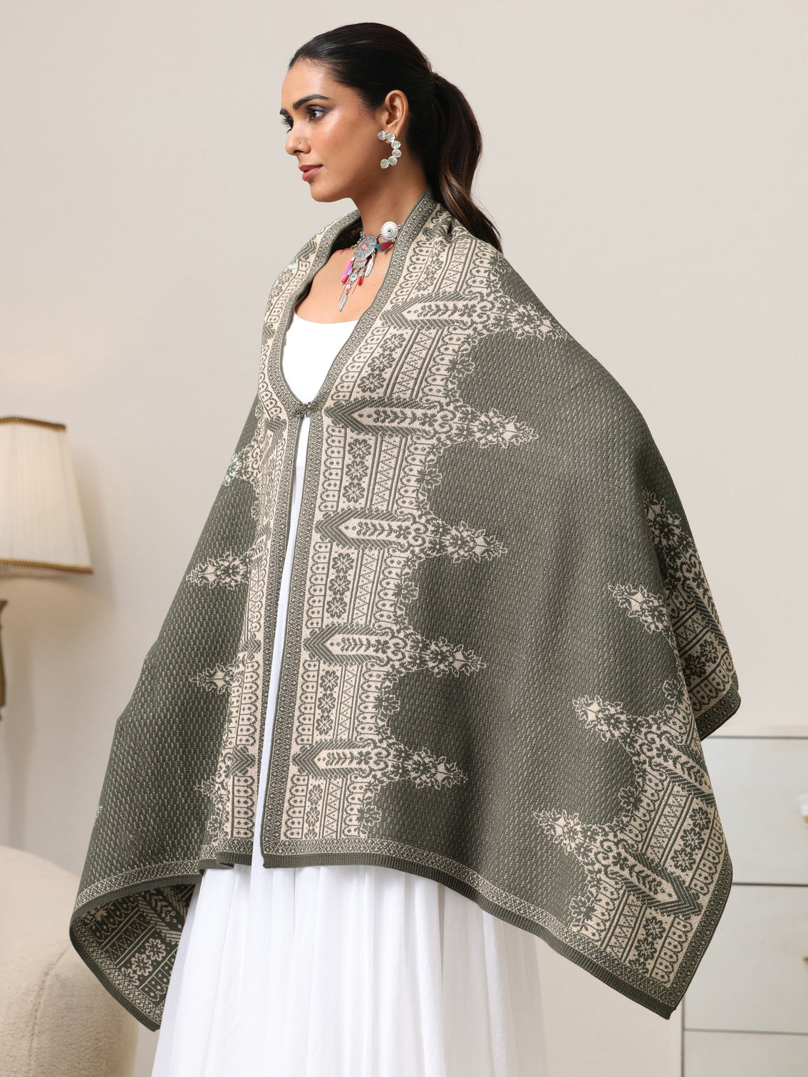 Mameraa Muted Moss Green Knitted Acrylic Wrap Shawl