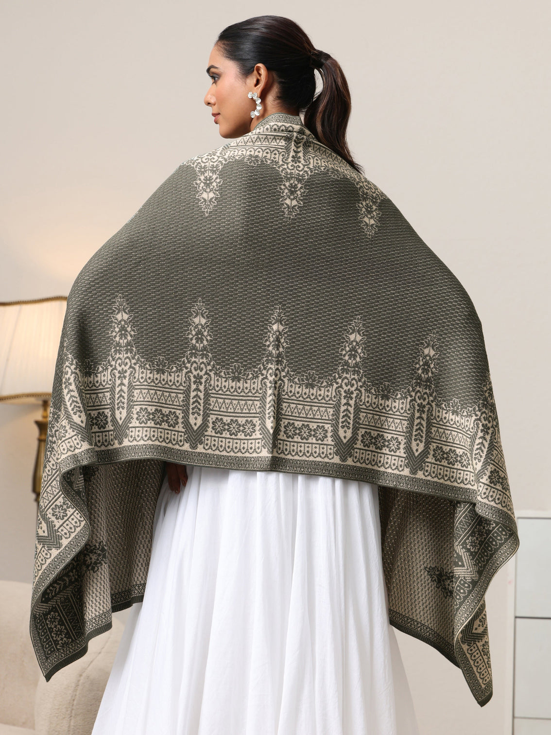 Mameraa Muted Moss Green Knitted Acrylic Wrap Shawl