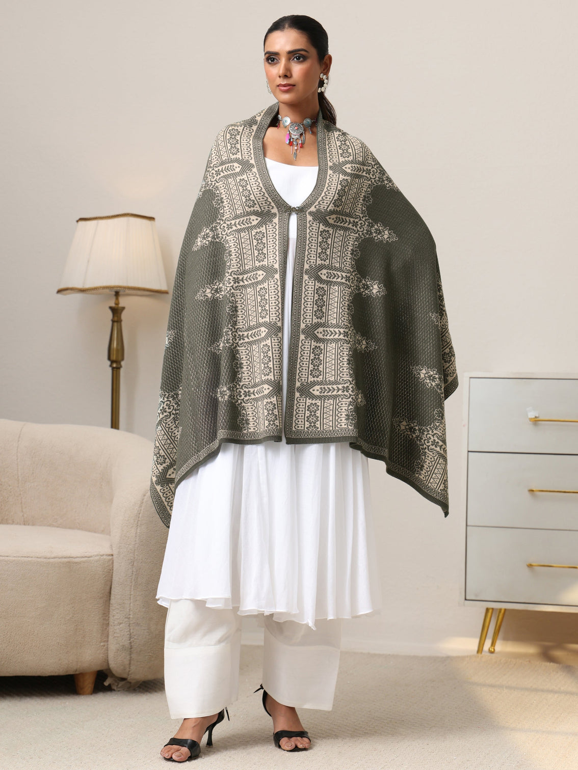 Mameraa Muted Moss Green Knitted Acrylic Wrap Shawl