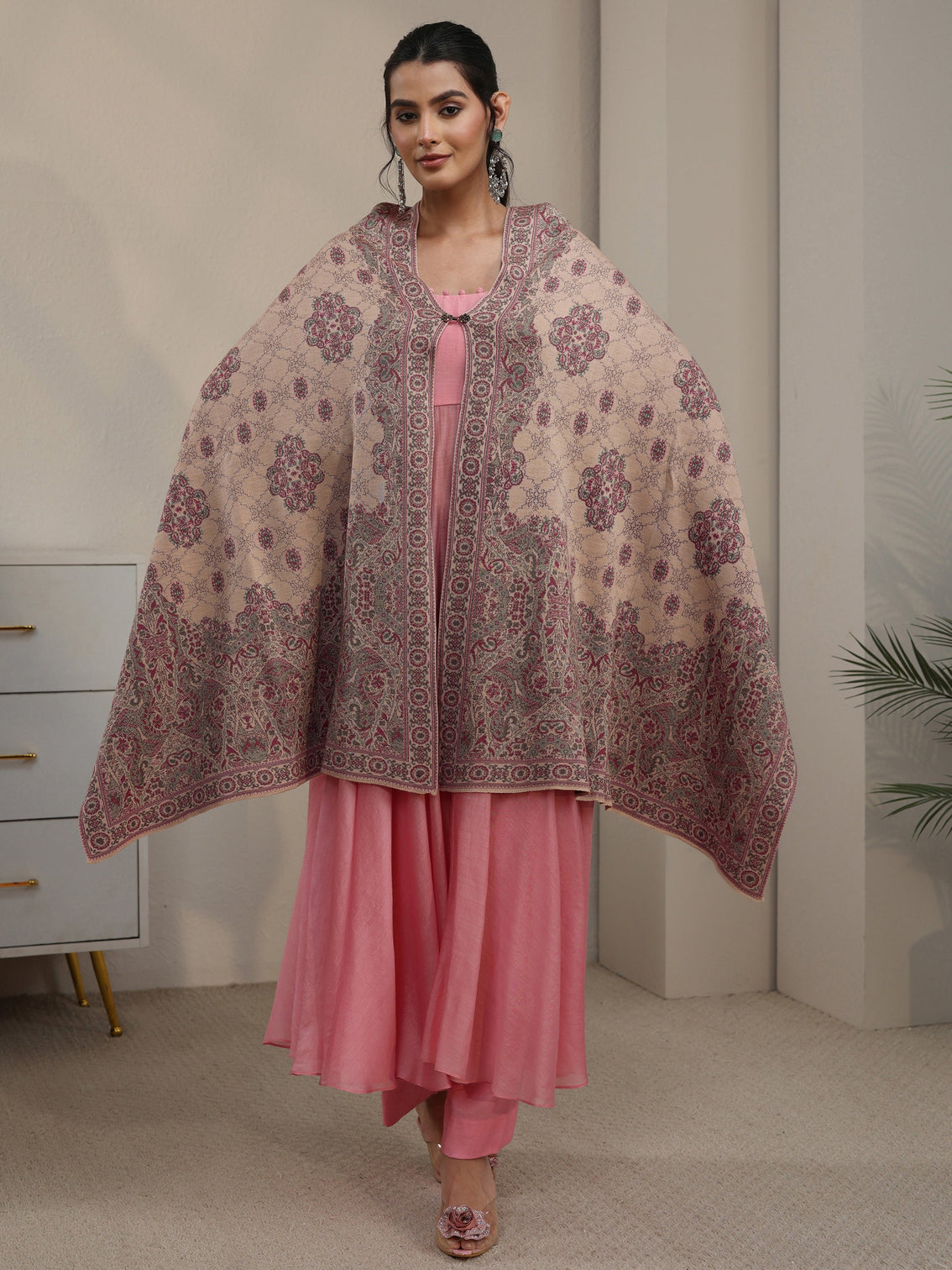 Mameraa Beige Ethnic Embroidered Acrylic Wrap Shawl