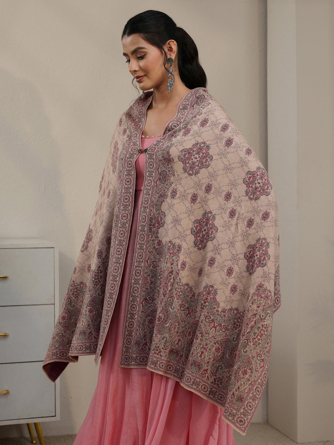 Mameraa Beige Ethnic Embroidered Acrylic Wrap Shawl