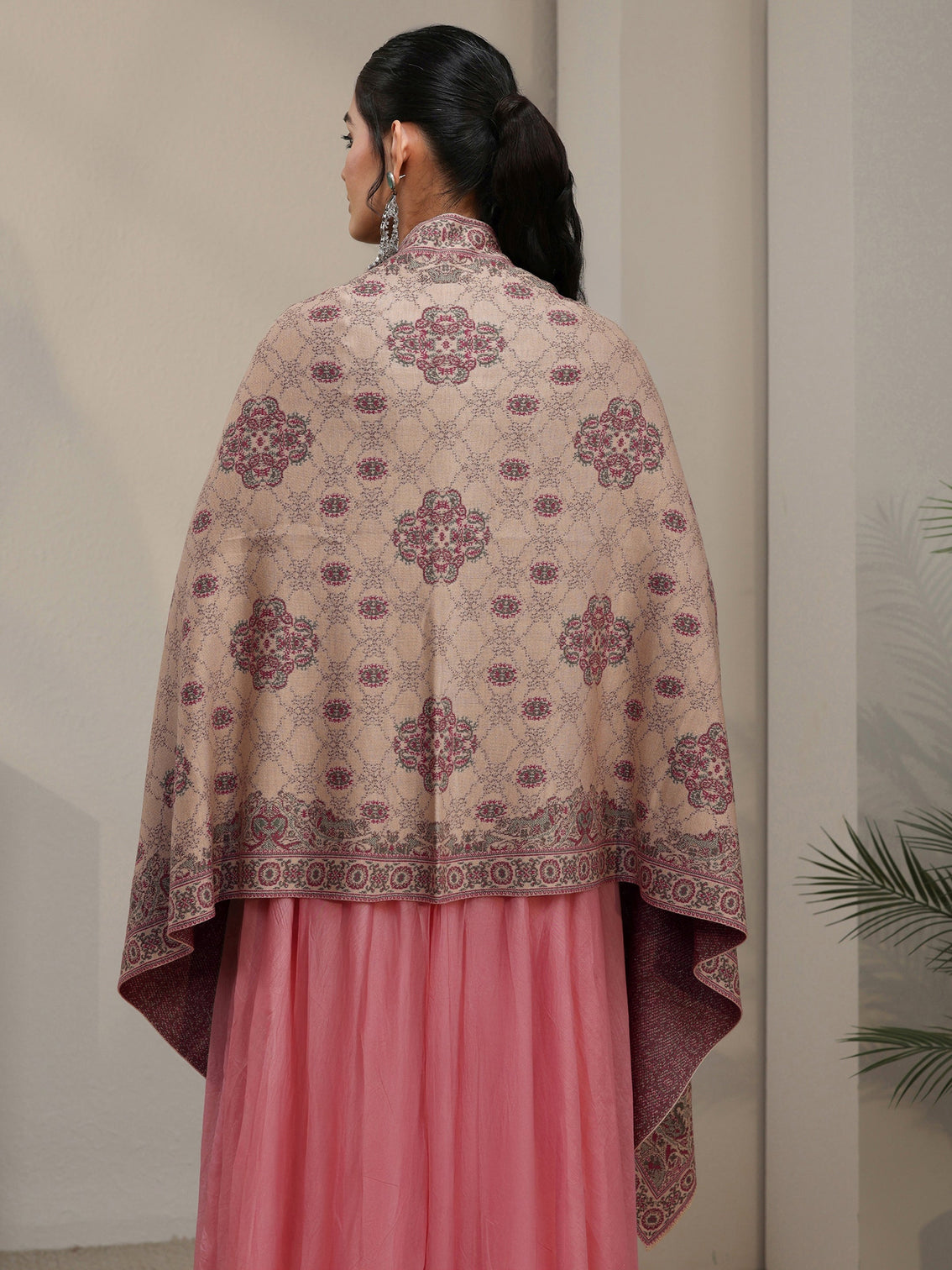 Mameraa Beige Ethnic Embroidered Acrylic Wrap Shawl