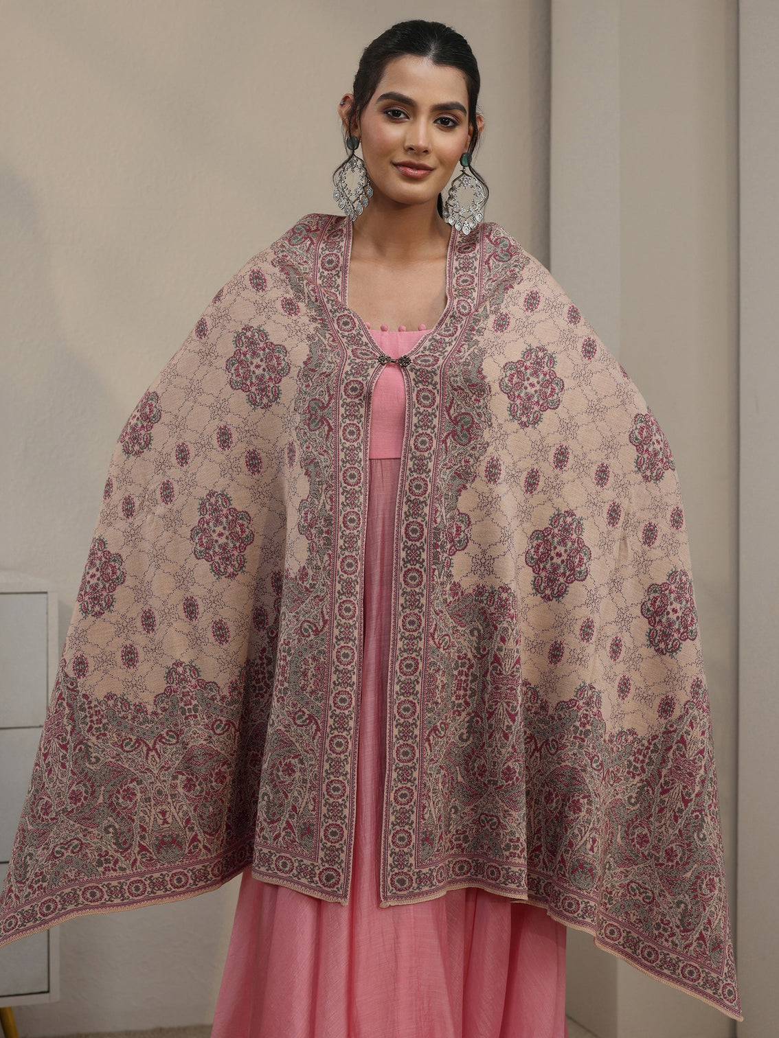 Mameraa Beige Ethnic Embroidered Acrylic Wrap Shawl