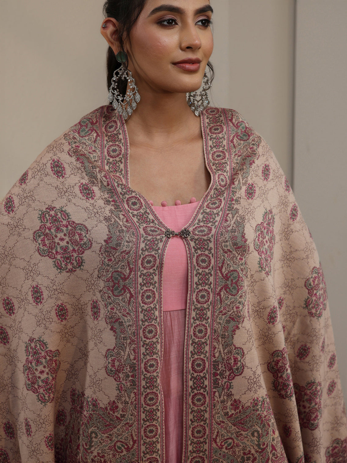 Mameraa Beige Ethnic Embroidered Acrylic Wrap Shawl