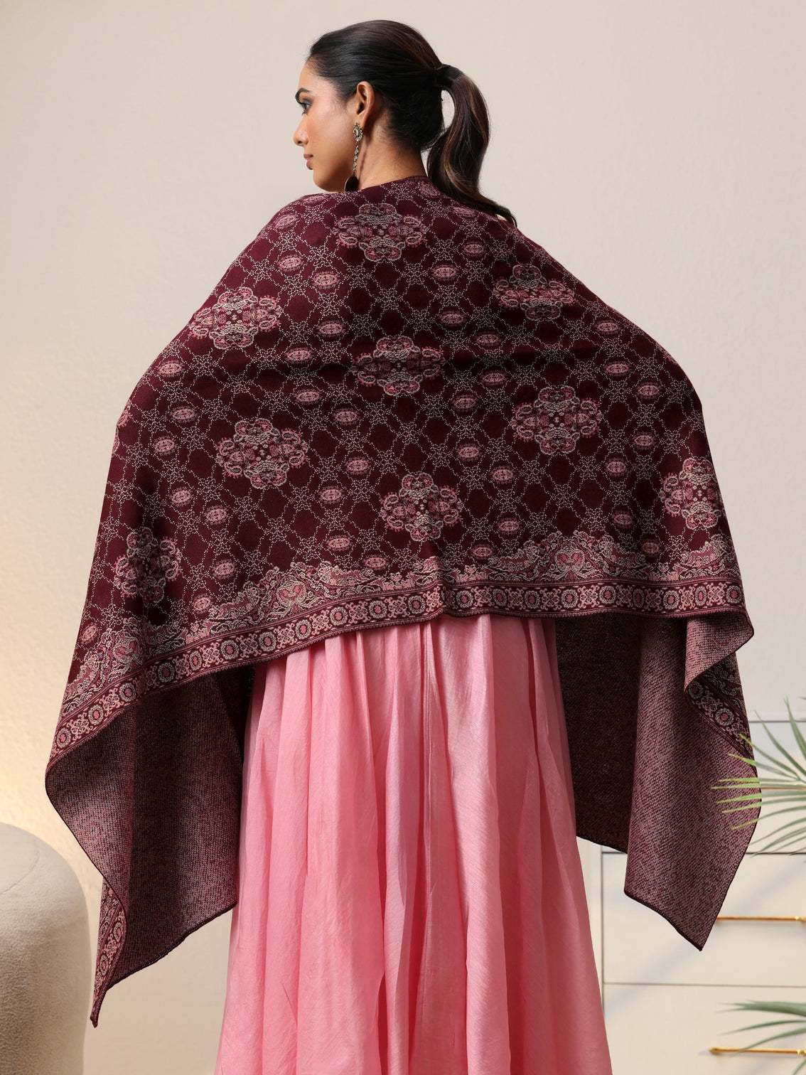 Mameraa Maroon Knitted Acrylic Wrap Shawl