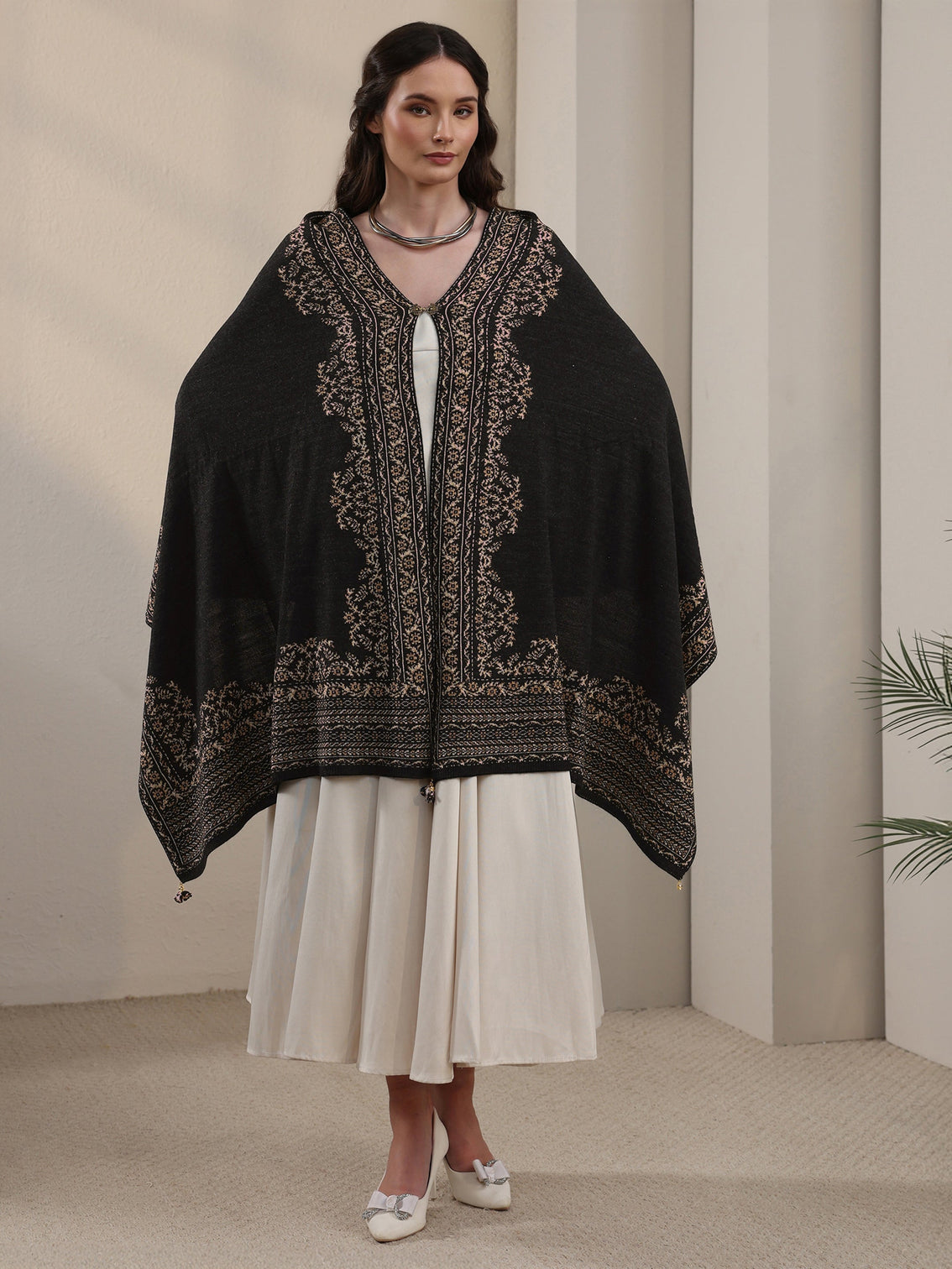 Mameraa Black Floral Embroidered Acrylic Wrap Shawl