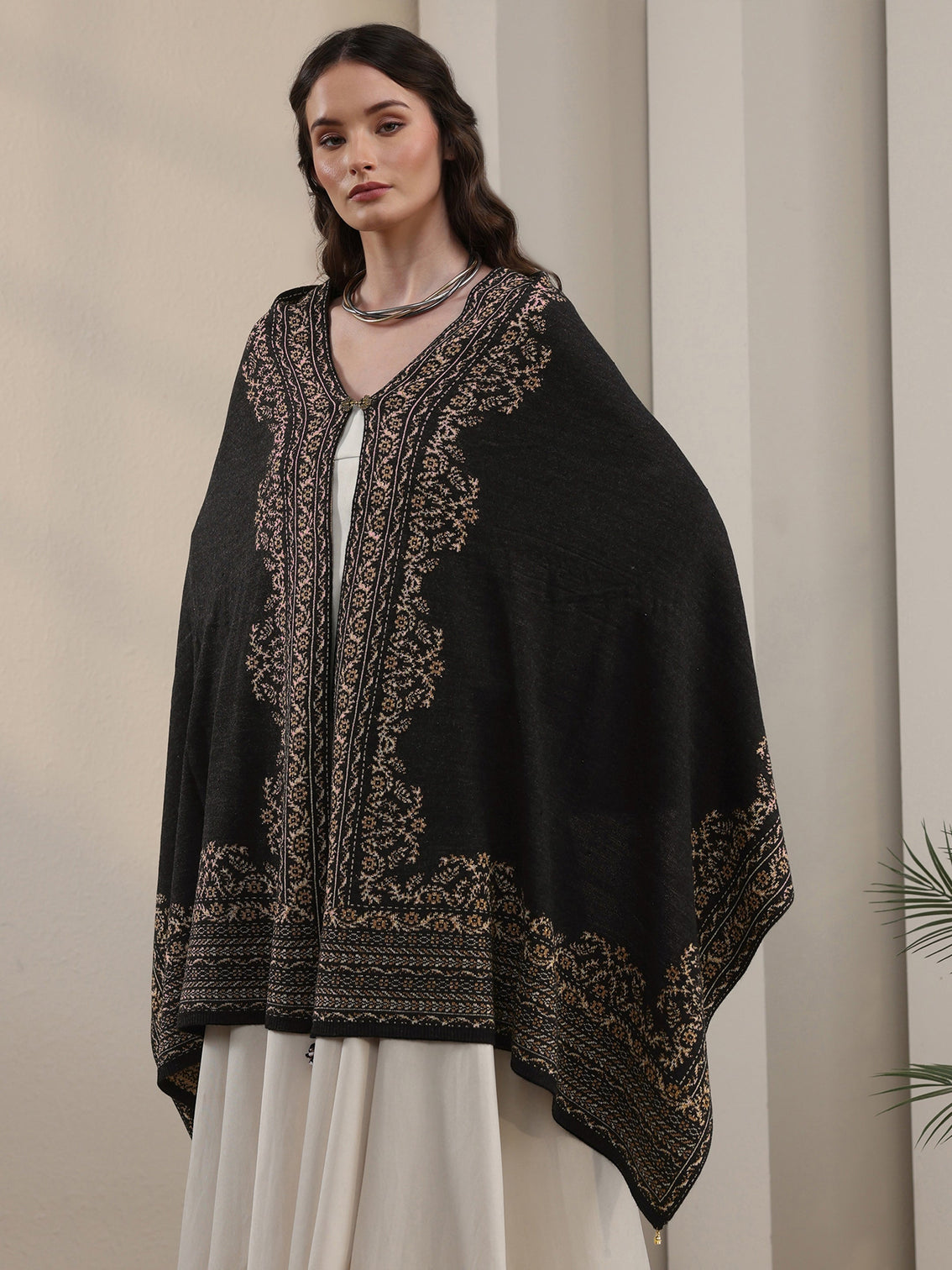 Mameraa Black Floral Embroidered Acrylic Wrap Shawl
