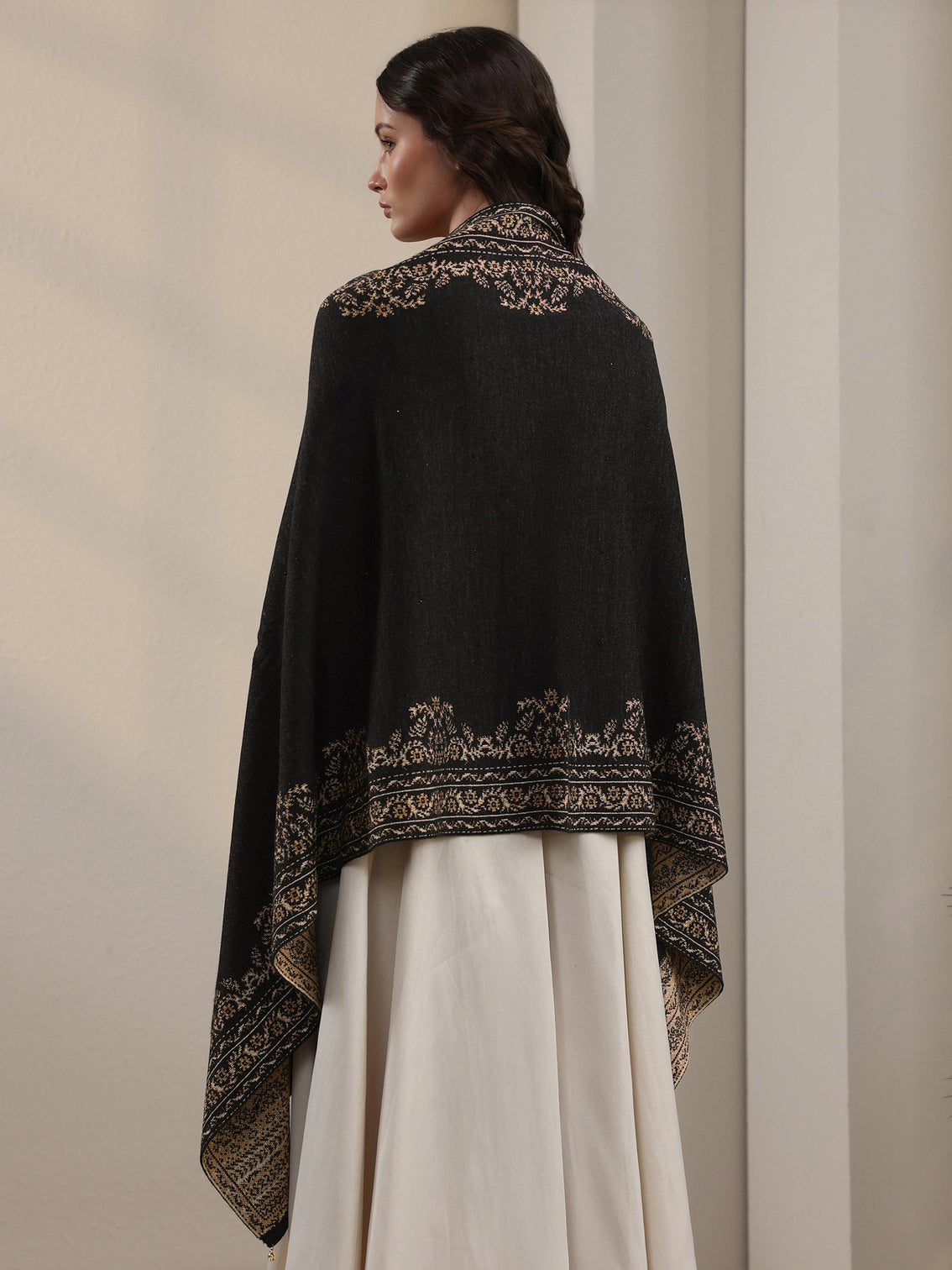 Mameraa Black Floral Embroidered Acrylic Wrap Shawl