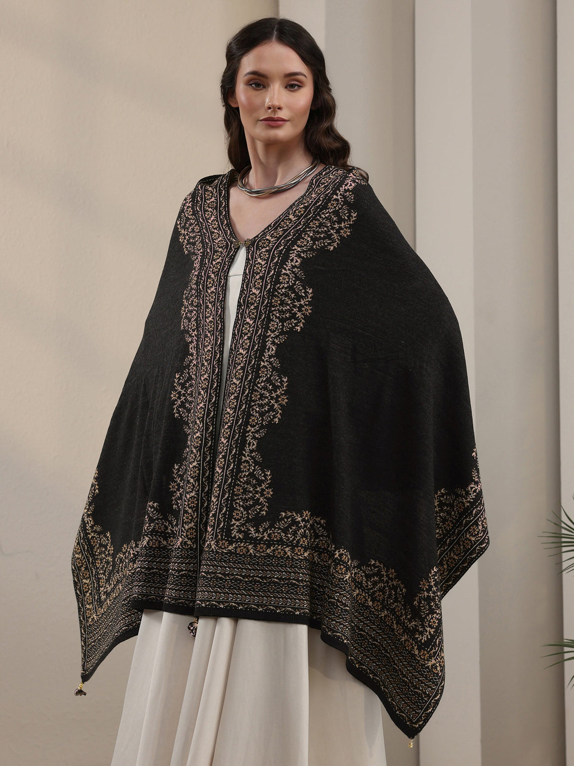 Mameraa Black Floral Embroidered Acrylic Wrap Shawl