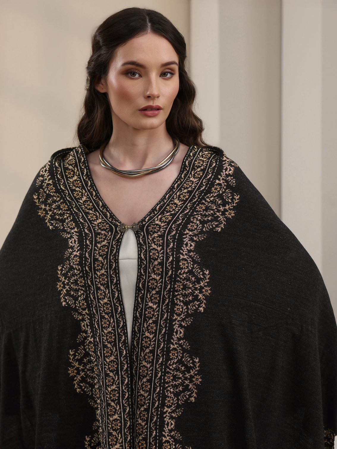 Mameraa Black Floral Embroidered Acrylic Wrap Shawl