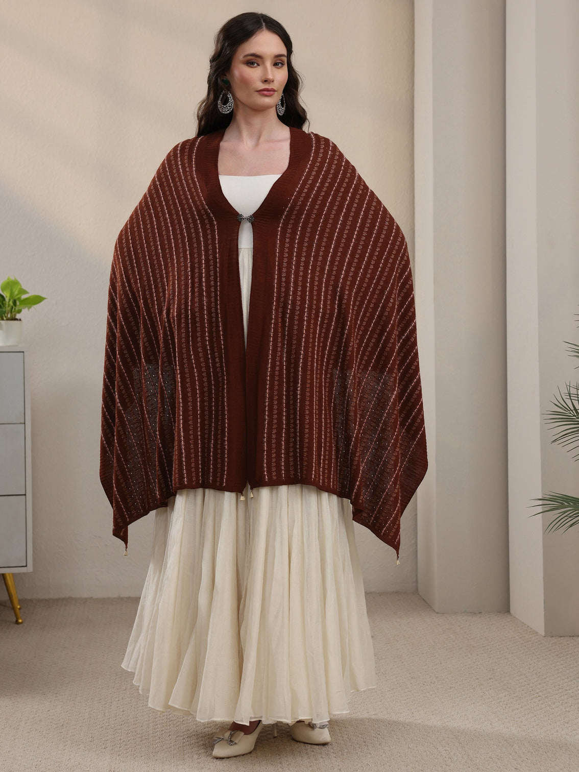 Mameraa Rust Brown Striped Embroidered Acrylic Wrap Shawl
