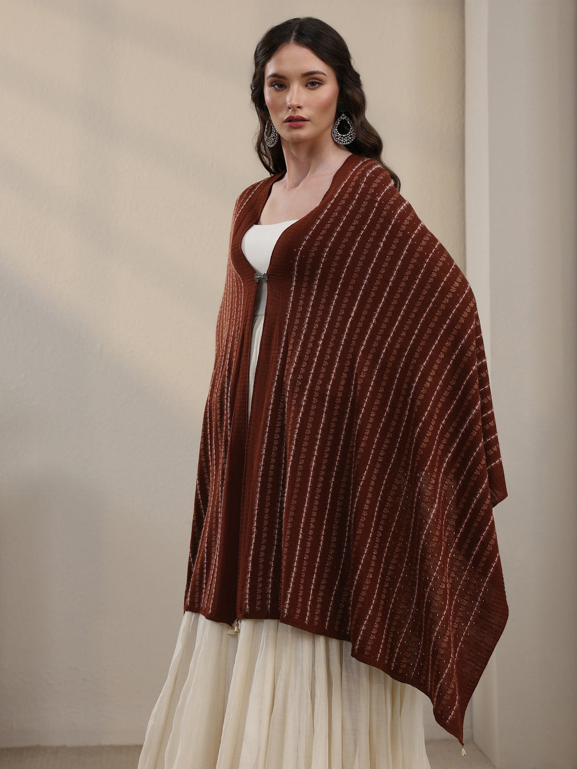 Mameraa Rust Brown Striped Embroidered Acrylic Wrap Shawl