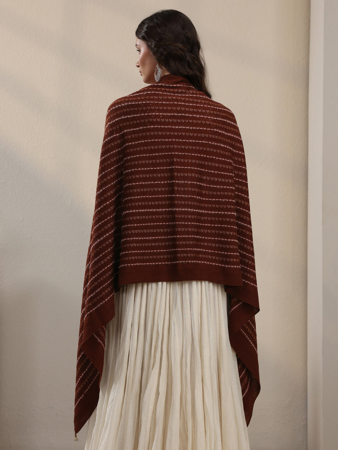 Mameraa Rust Brown Striped Embroidered Acrylic Wrap Shawl