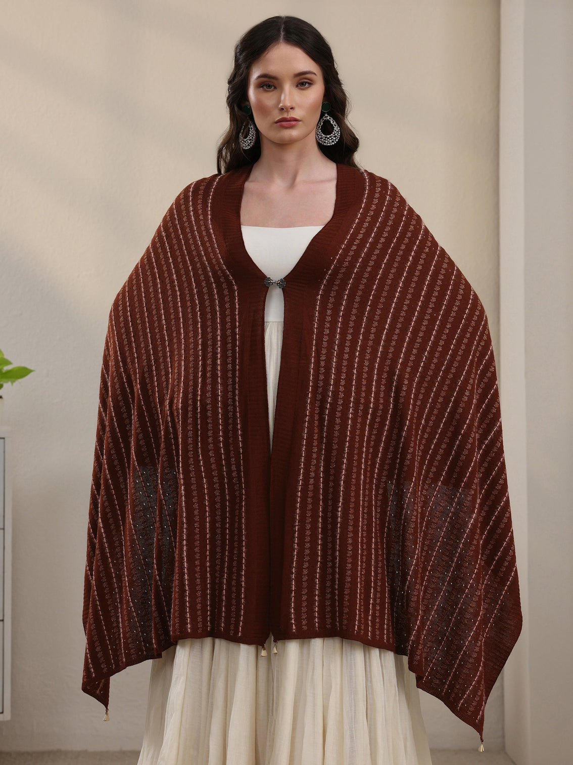Mameraa Rust Brown Striped Embroidered Acrylic Wrap Shawl