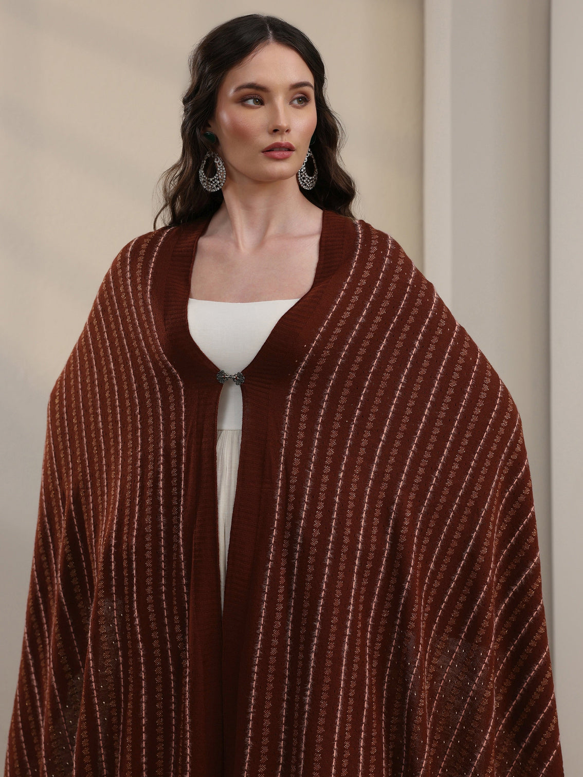 Mameraa Rust Brown Striped Embroidered Acrylic Wrap Shawl