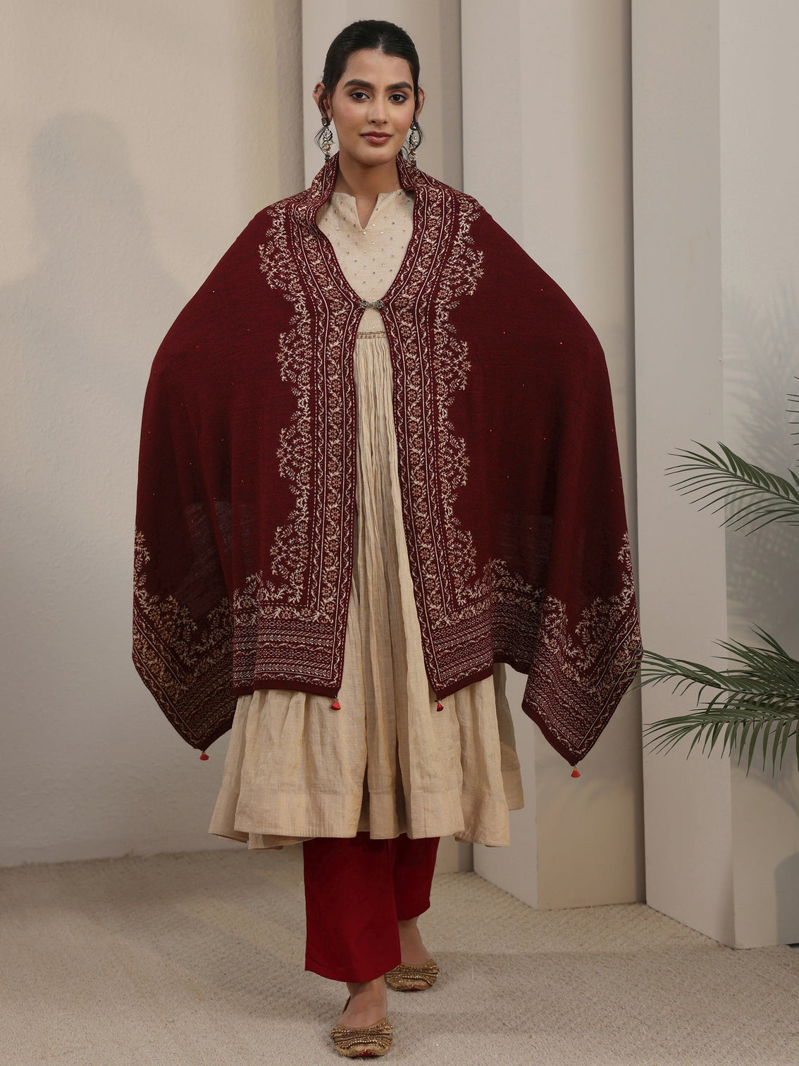Mameraa Maroon Floral Embroidered Acrylic Wrap Shawl