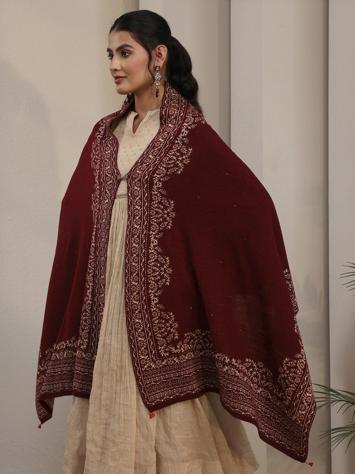 Mameraa Maroon Floral Embroidered Acrylic Wrap Shawl