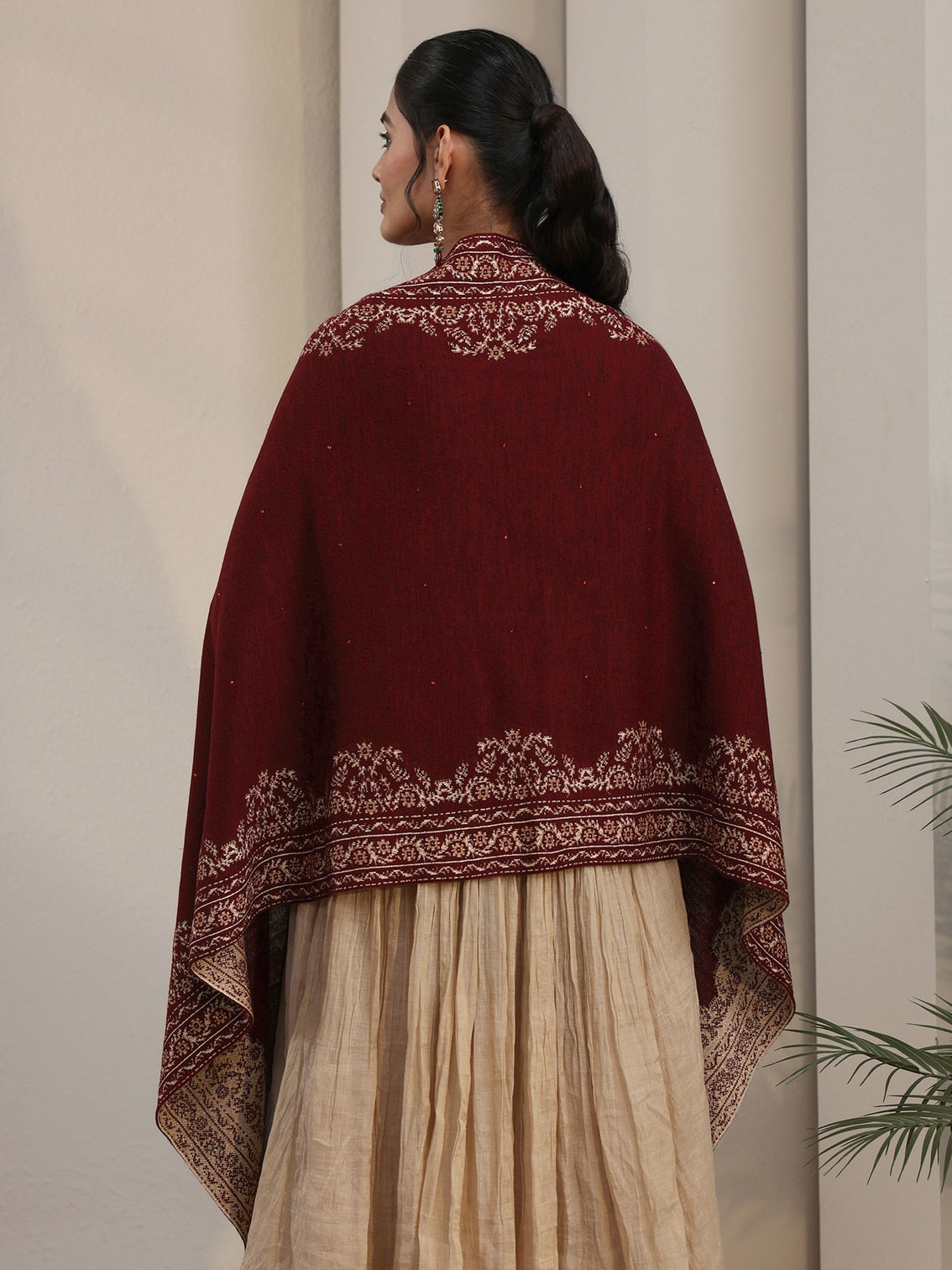 Mameraa Maroon Floral Embroidered Acrylic Wrap Shawl