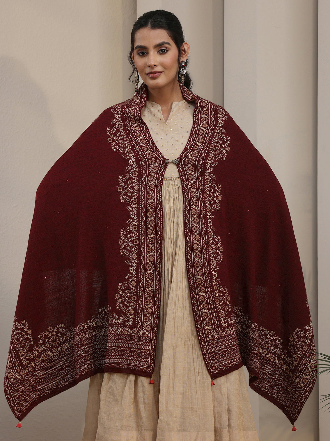 Mameraa Maroon Floral Embroidered Acrylic Wrap Shawl