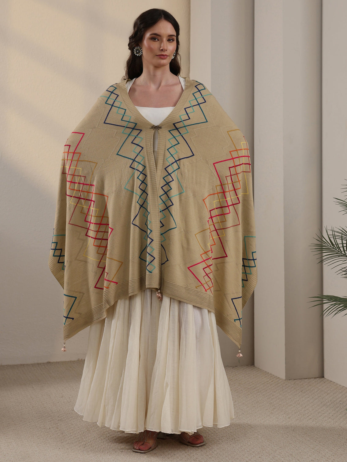 Mameraa Beige Geometric Embroidered Acrylic Wrap Shawl