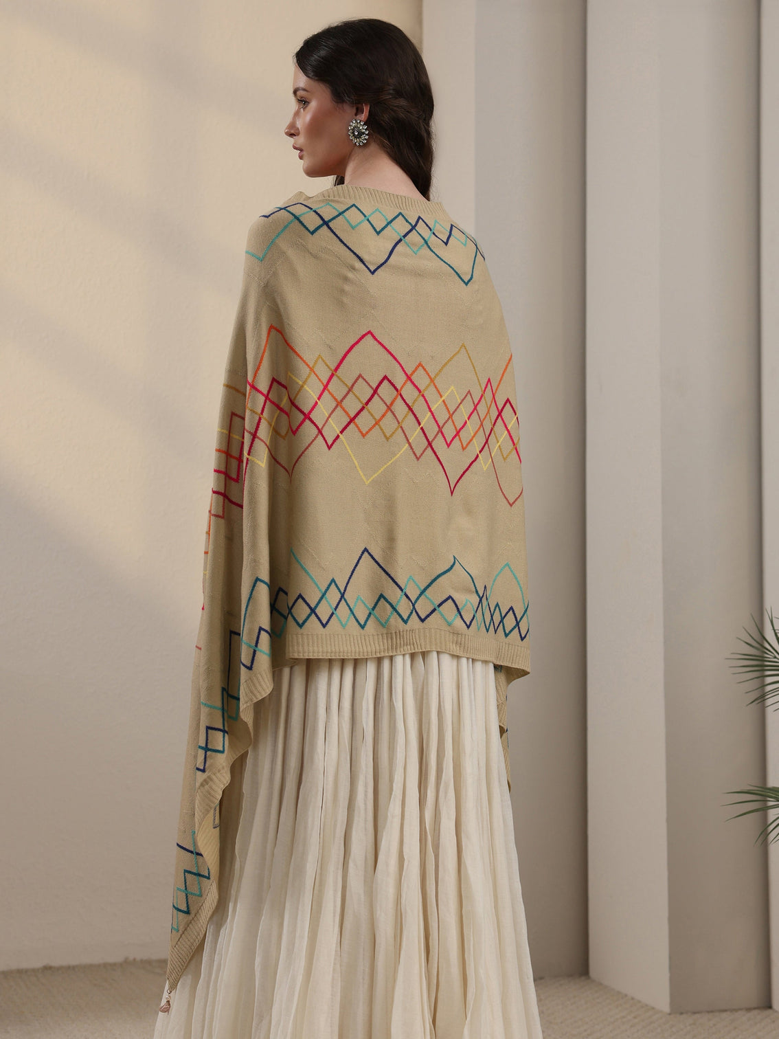 Mameraa Beige Geometric Embroidered Acrylic Wrap Shawl