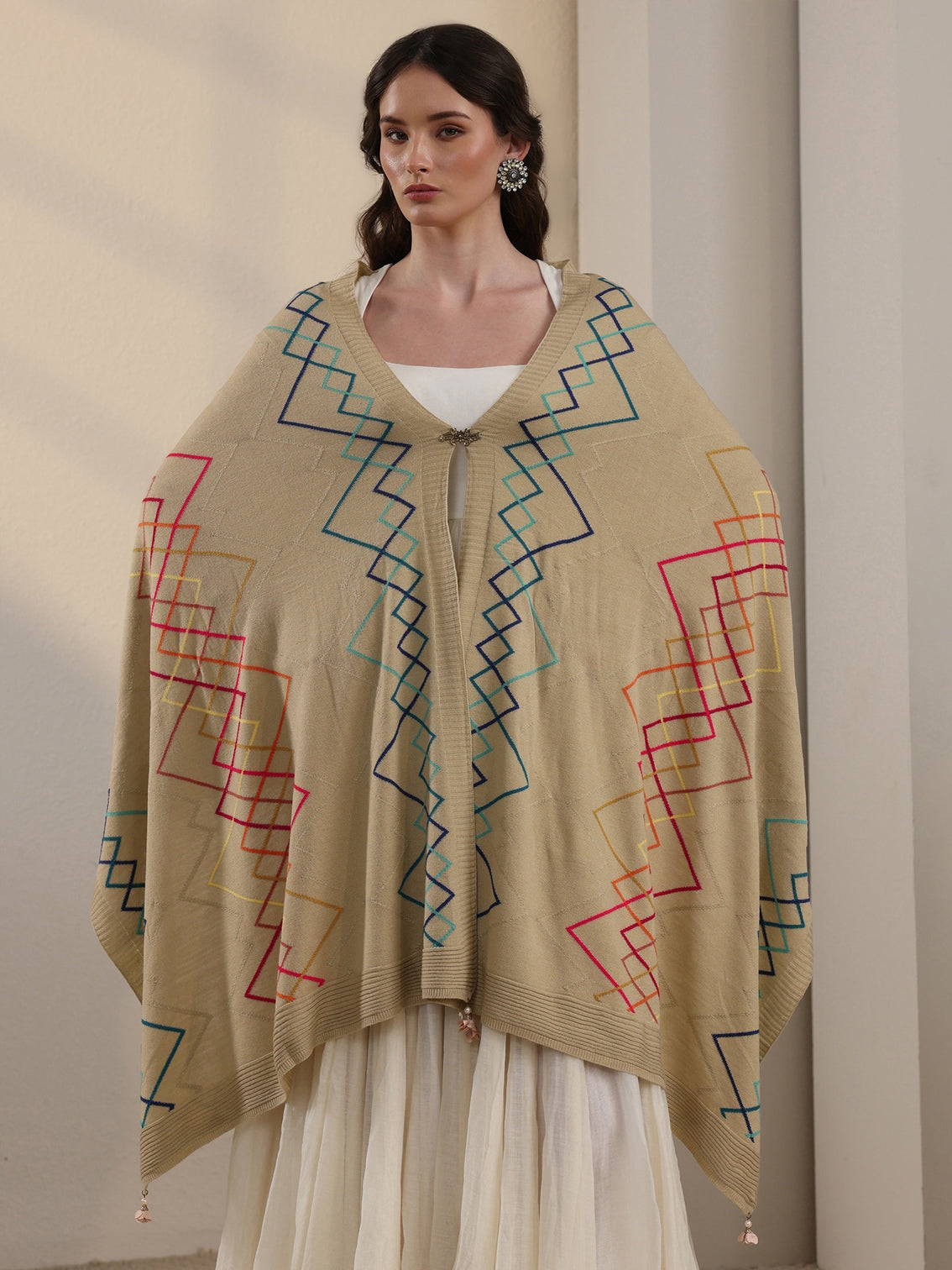 Mameraa Beige Geometric Embroidered Acrylic Wrap Shawl