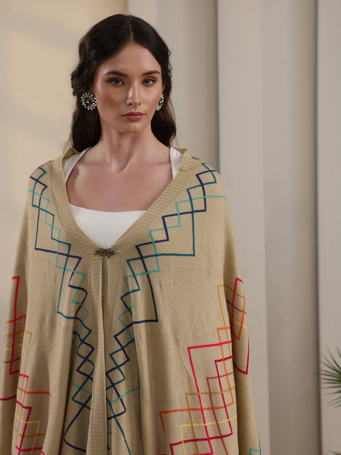 Mameraa Beige Geometric Embroidered Acrylic Wrap Shawl
