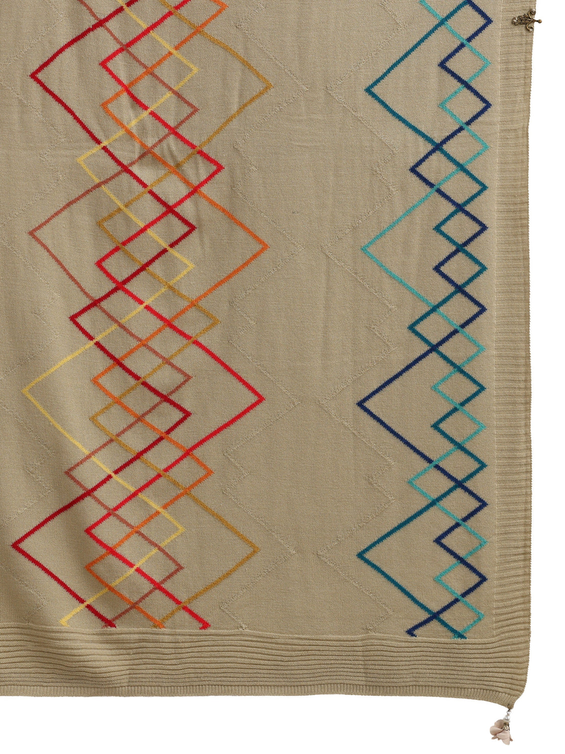 Mameraa Beige Geometric Embroidered Acrylic Wrap Shawl