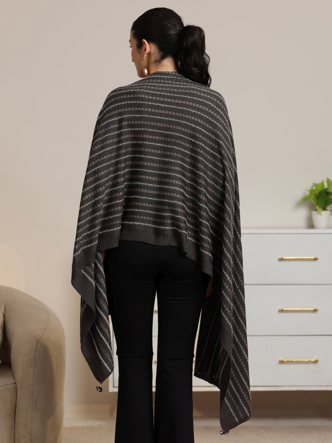 Mameraa Grey Striped Knitted Acrylic Wrap Shawl
