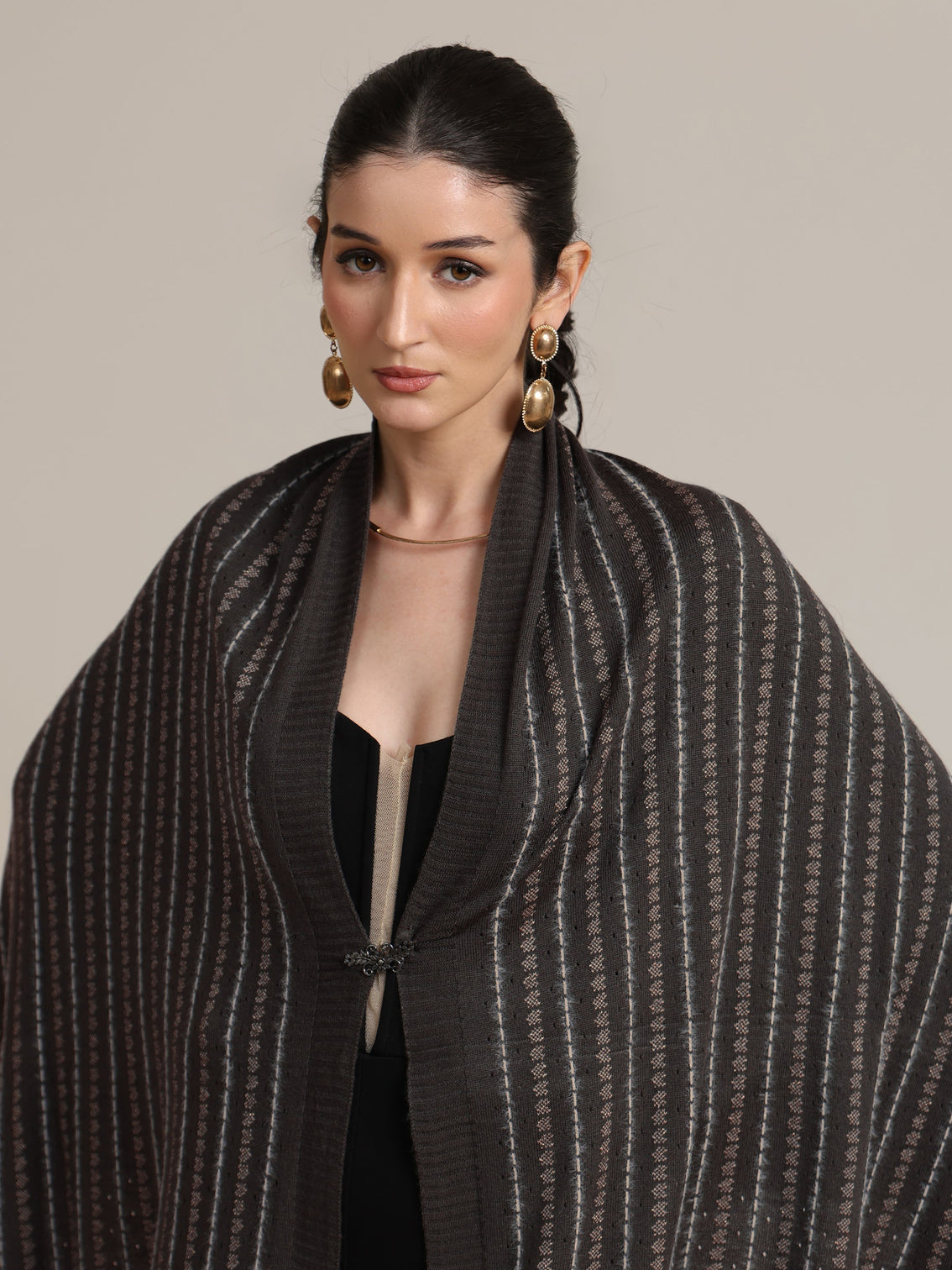 Mameraa Grey Striped Knitted Acrylic Wrap Shawl