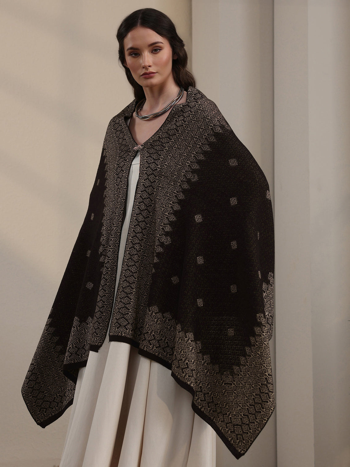 Mameraa Black Geometric Embroidered Acrylic Wrap Shawl
