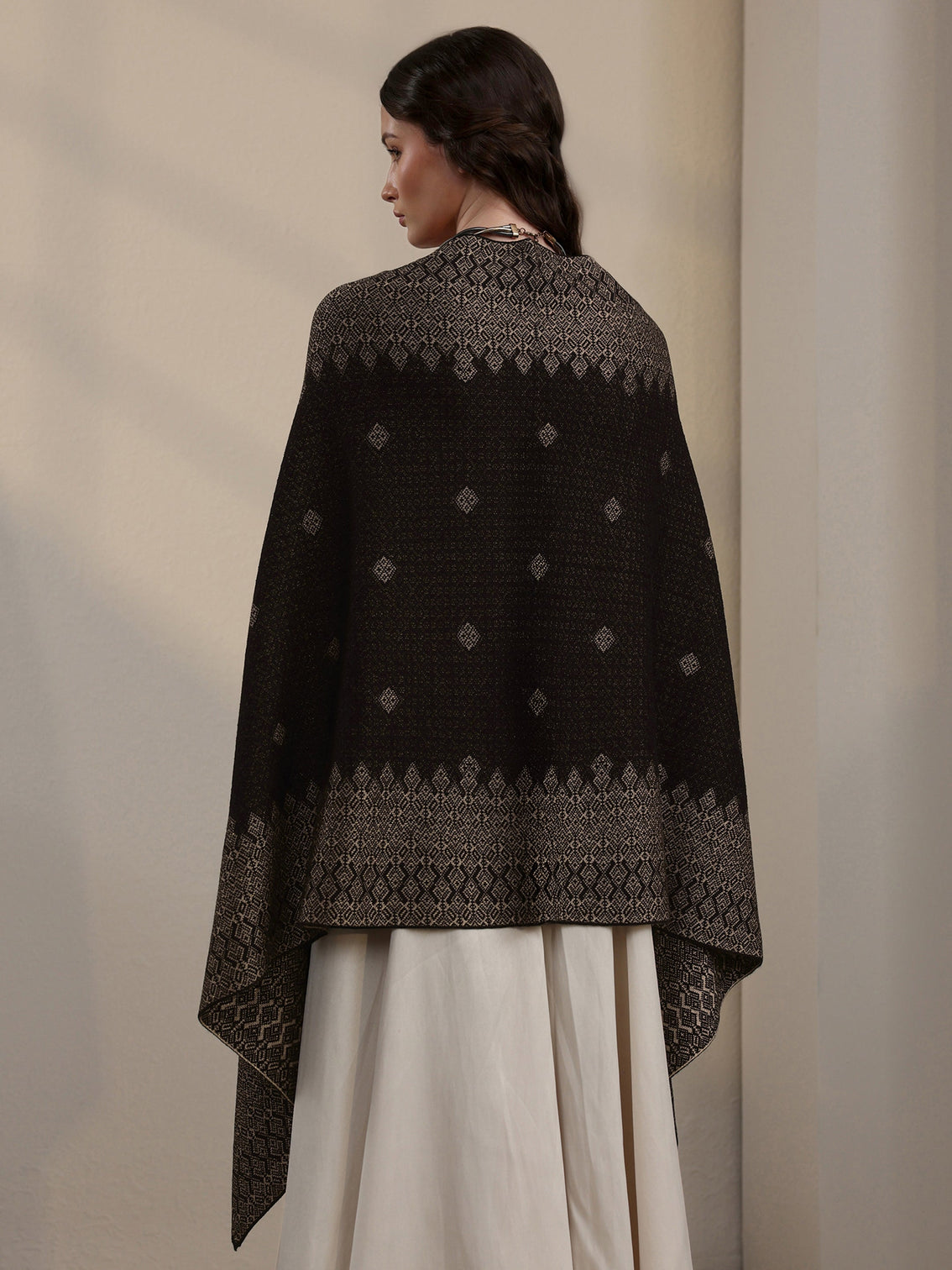 Mameraa Black Geometric Embroidered Acrylic Wrap Shawl