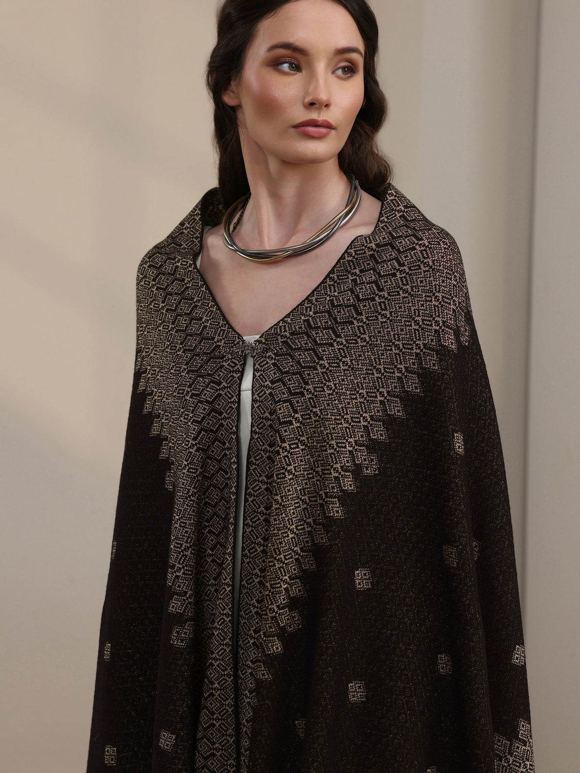 Mameraa Black Geometric Embroidered Acrylic Wrap Shawl