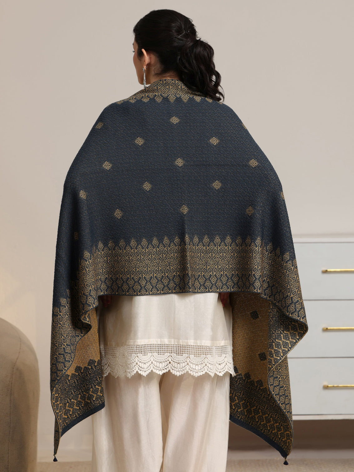 Mameraa Teal Blue Ethnic Knitted Acrylic Wrap Shawl