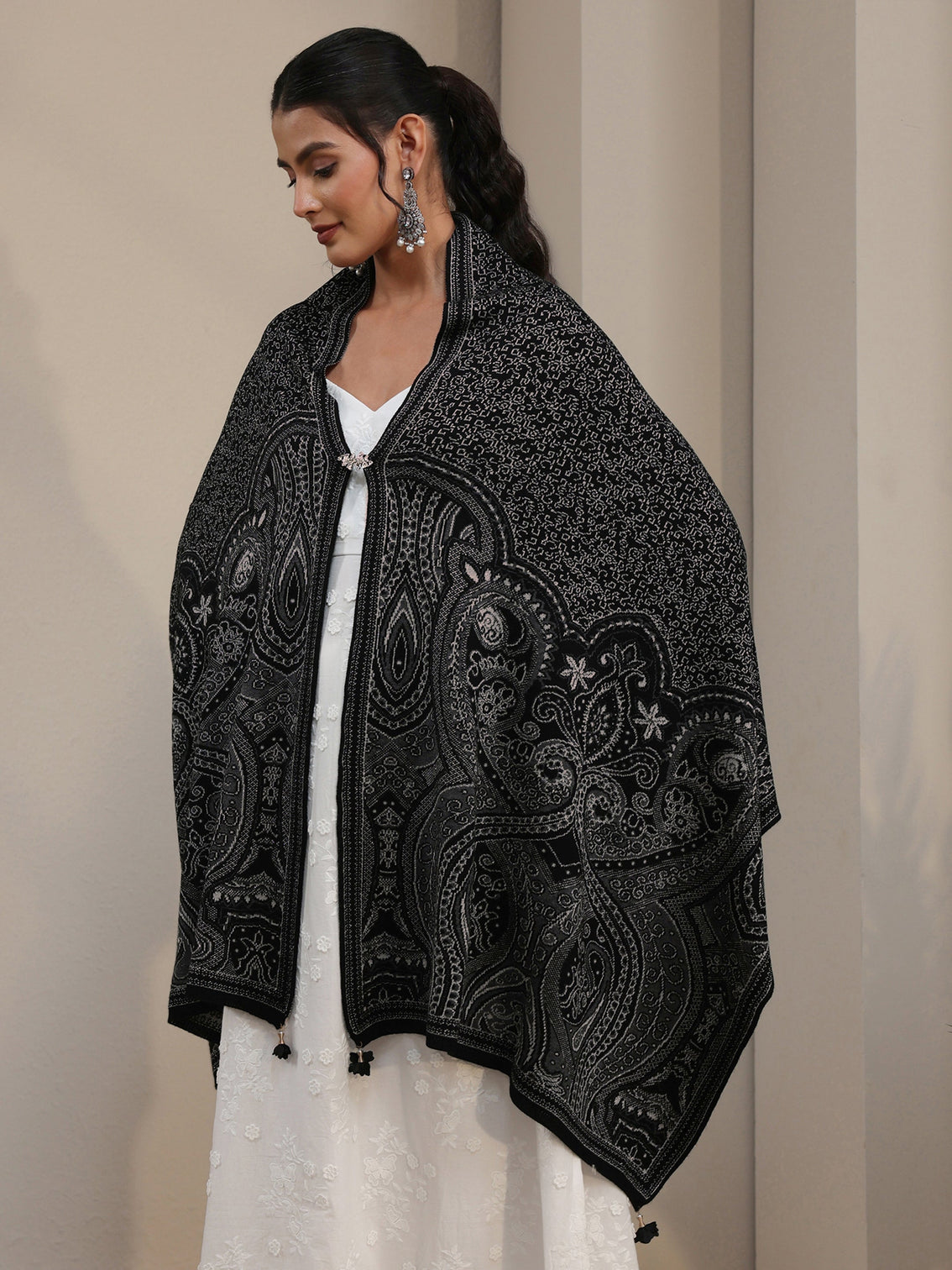Mameraa Black Ethnic Embroidered Acrylic Wrap Shawl