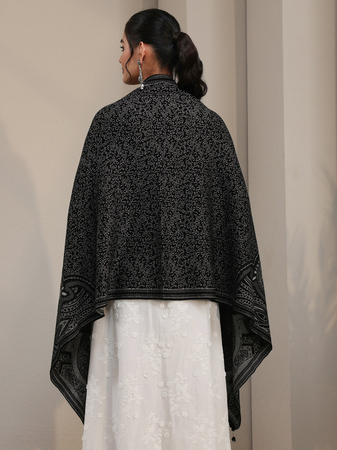 Mameraa Black Ethnic Embroidered Acrylic Wrap Shawl