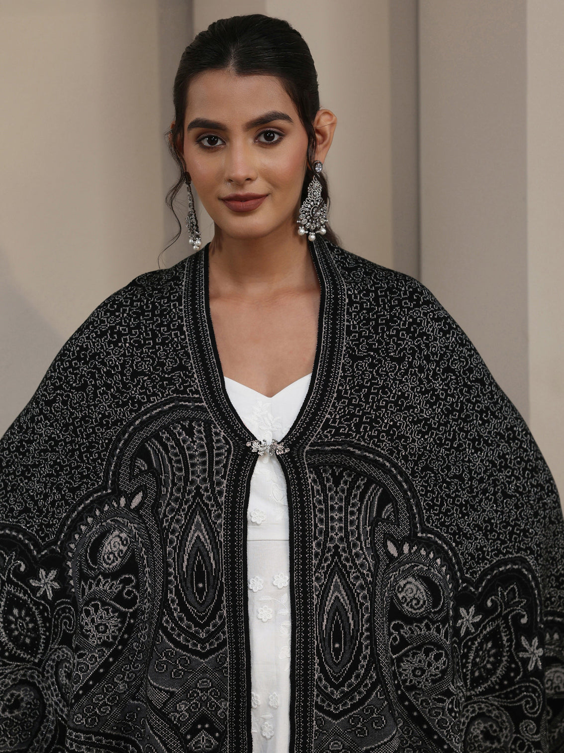 Mameraa Black Ethnic Embroidered Acrylic Wrap Shawl