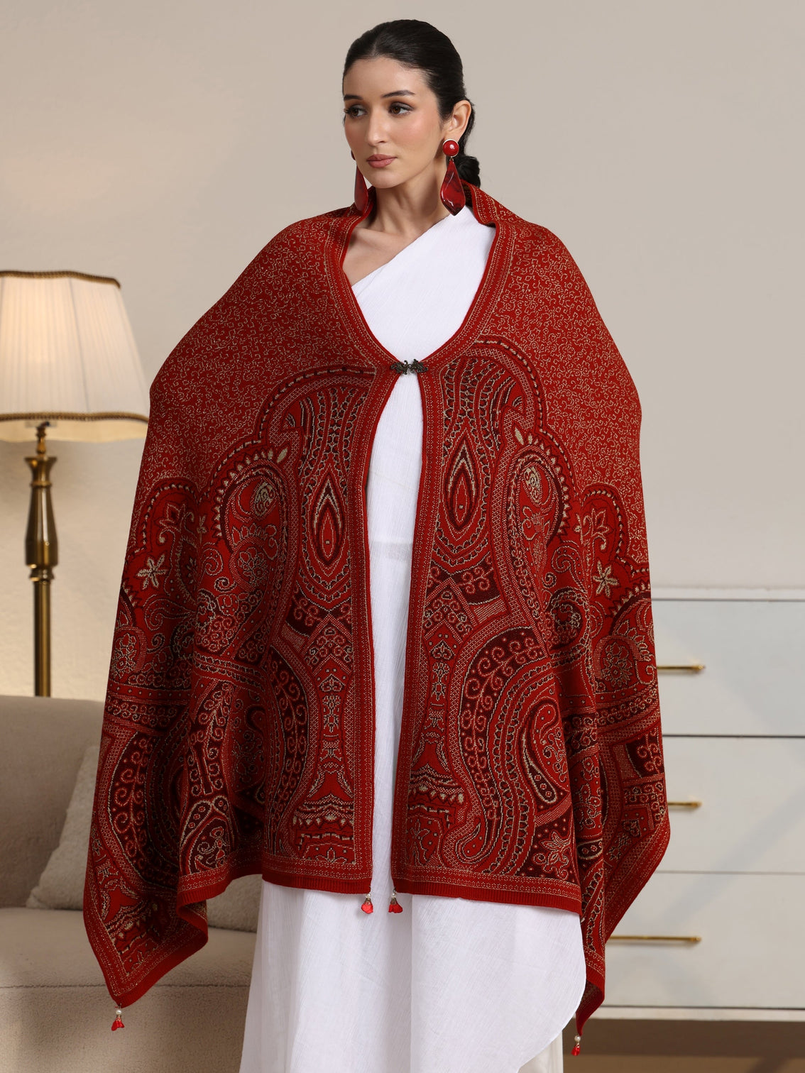 Mameraa Red Ethnic Knitted Acrylic Wrap Shawl