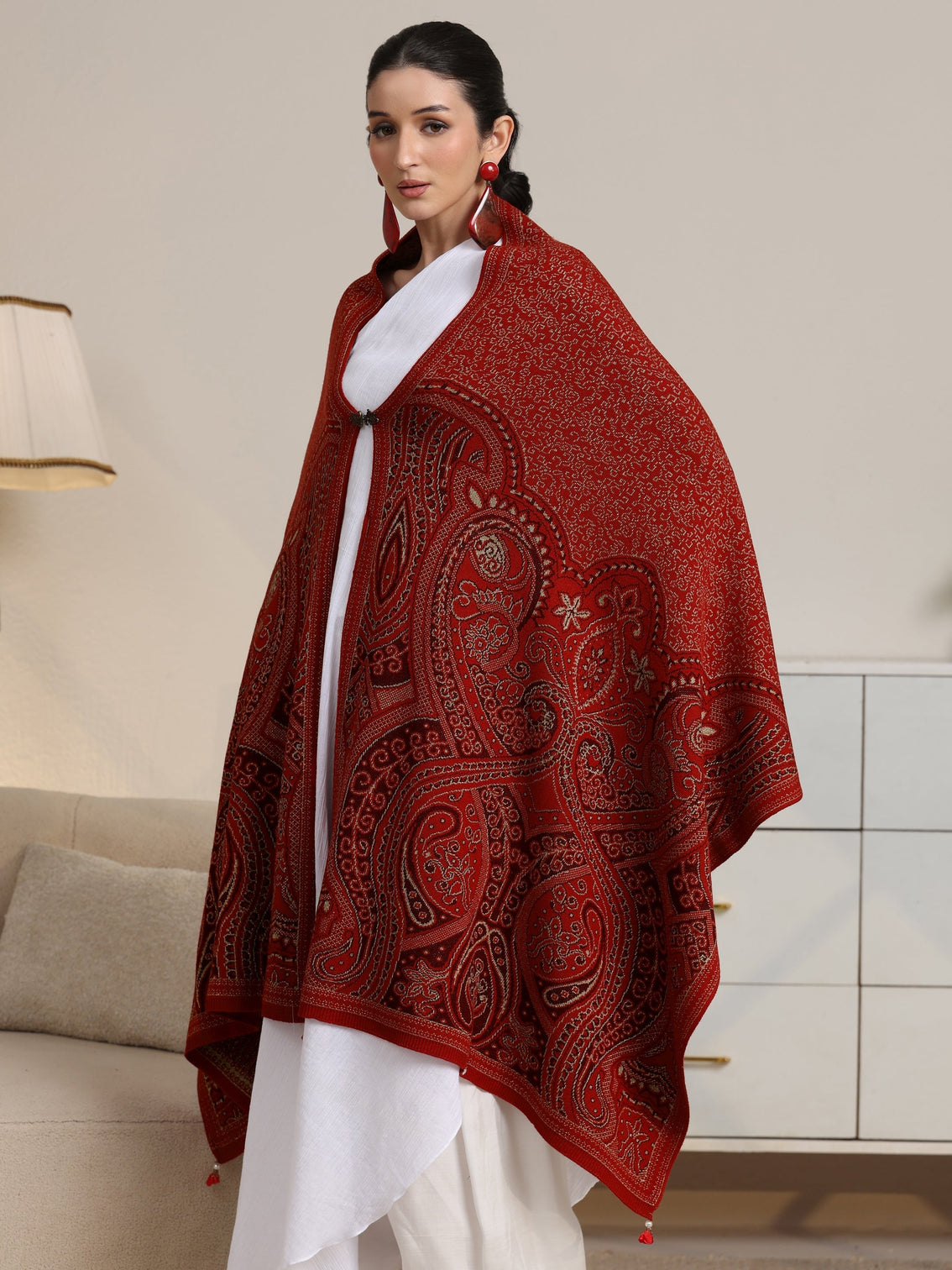 Mameraa Red Ethnic Knitted Acrylic Wrap Shawl