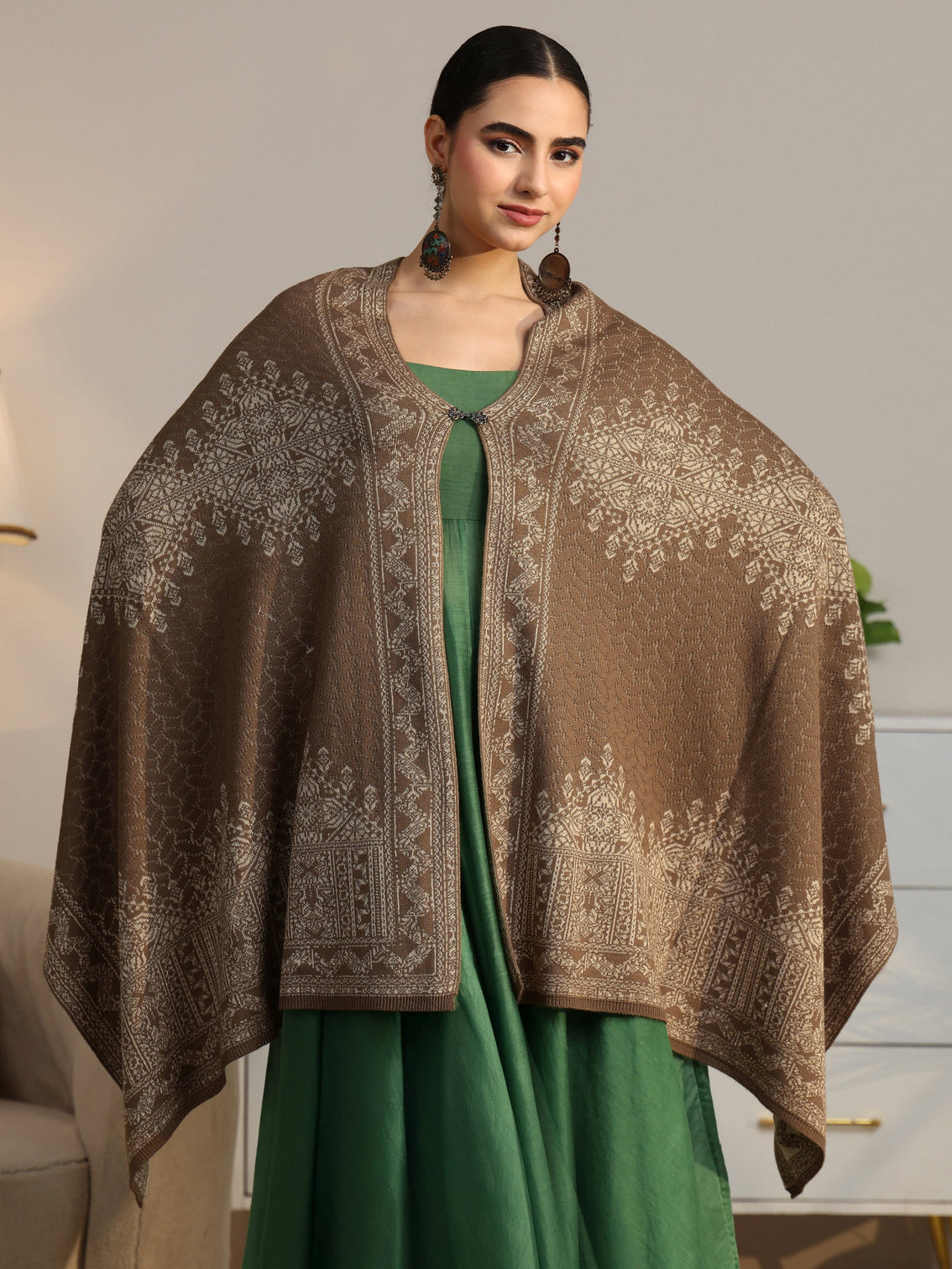 Mameraa Beige Ethnic Knitted Acrylic Wrap Shawl
